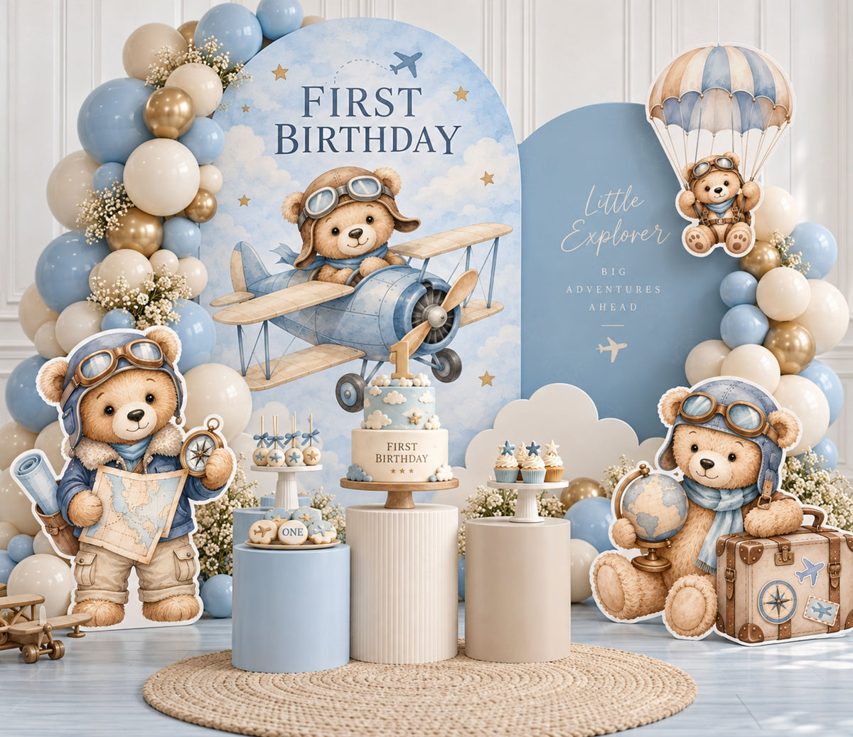Baby boy aviator bear birthday backdrop with blue arches, beige and gold balloons, bear cutouts and coordinated first birthday party decor
