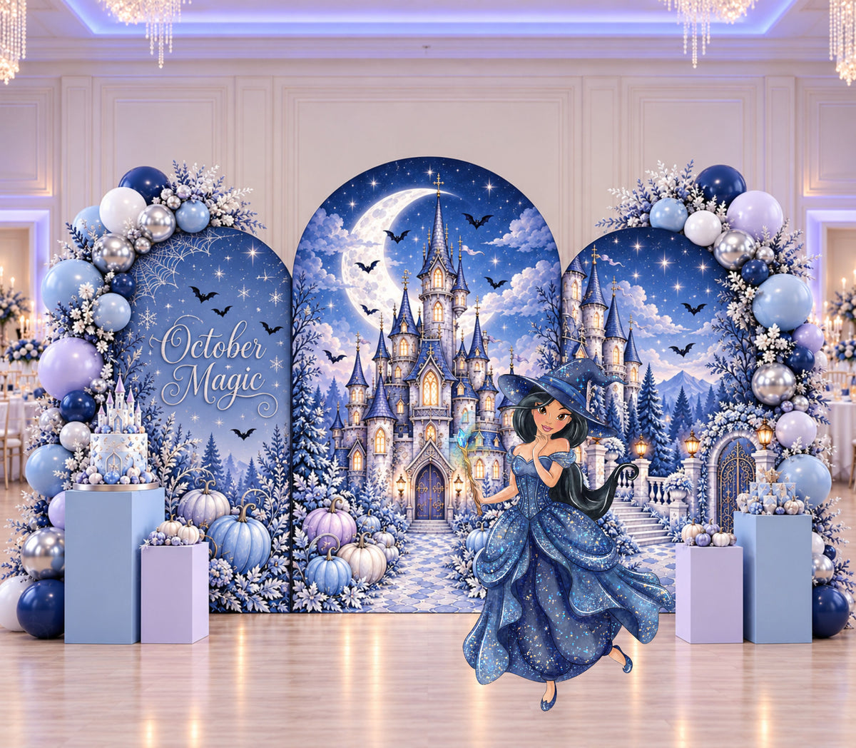 Blue princess birthday backdrop with castle-inspired panels, coordinated character cutouts and soft seasonal accents for a magical celebration.