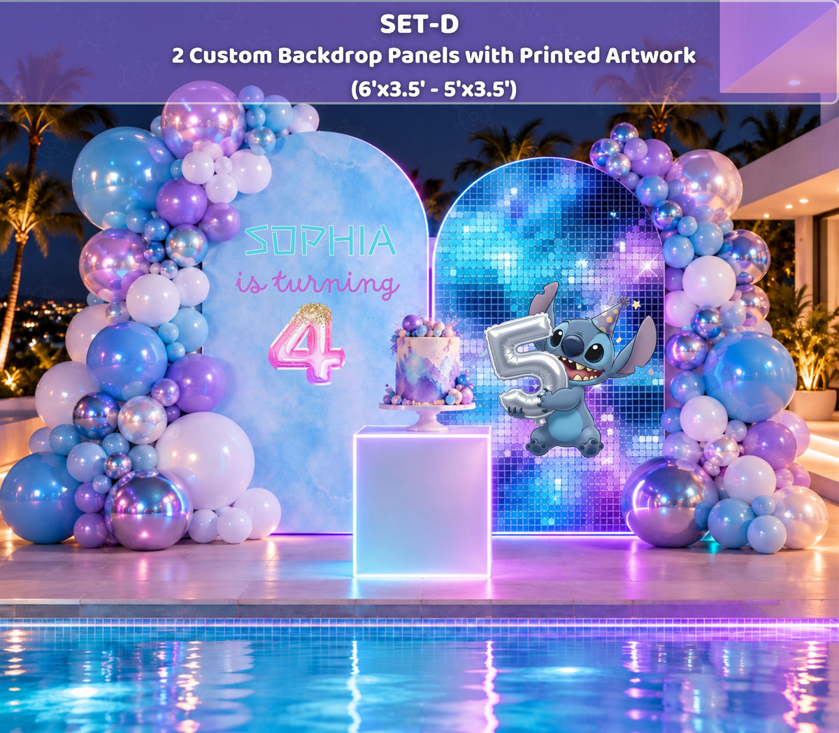 Blue and purple alien birthday backdrop with vibrant balloon display, layered party panels and coordinated character-inspired decorations.