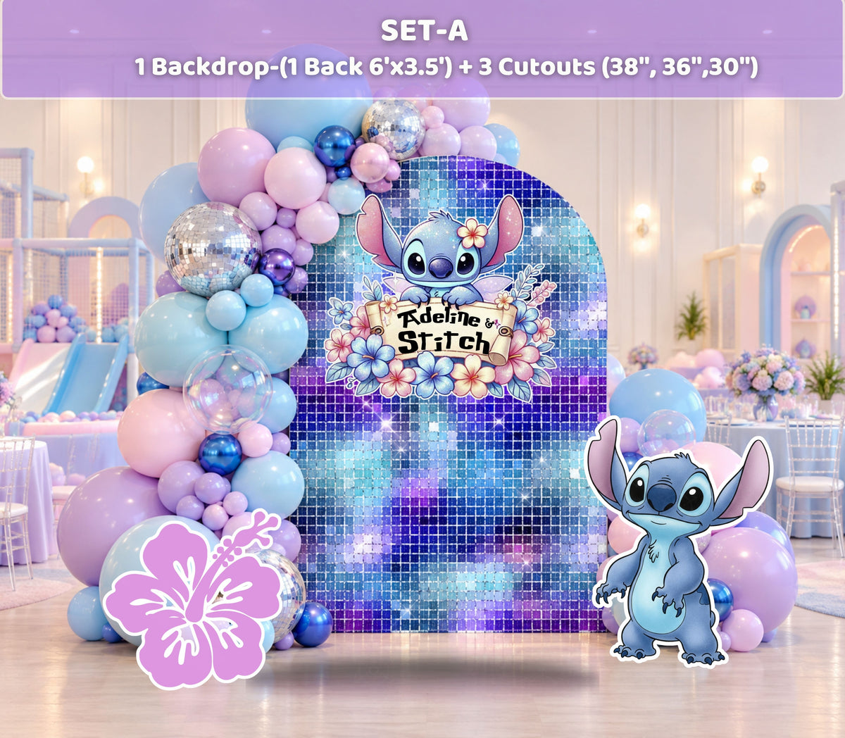 Blue and purple alien birthday backdrop with layered arch panels, pastel balloons and matching character cutouts for a playful kids party.