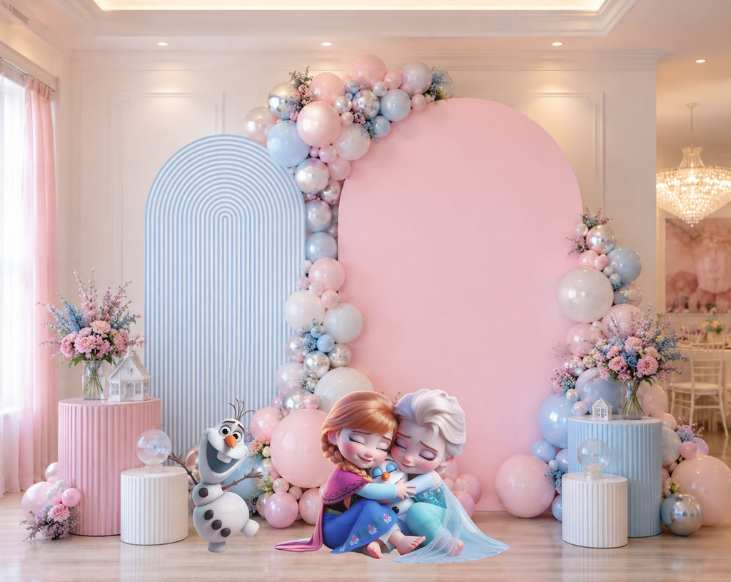 Blue snow princess birthday party backdrop with icy winter accents, coordinated panels and character cutouts for a magical celebration