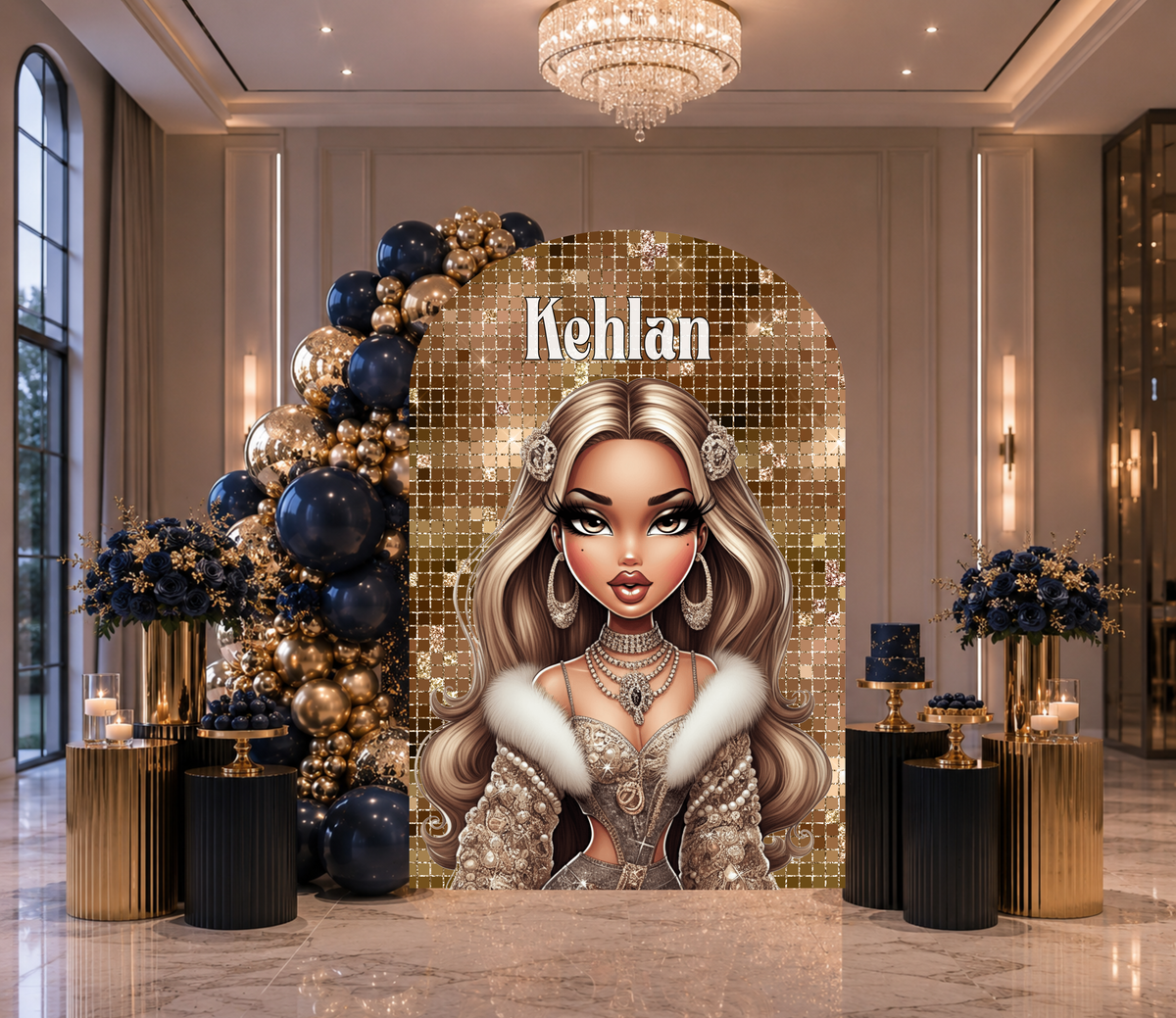 Blush fashion doll birthday photo booth backdrop with soft balloon colors, arch panels and chic girly celebration decor.