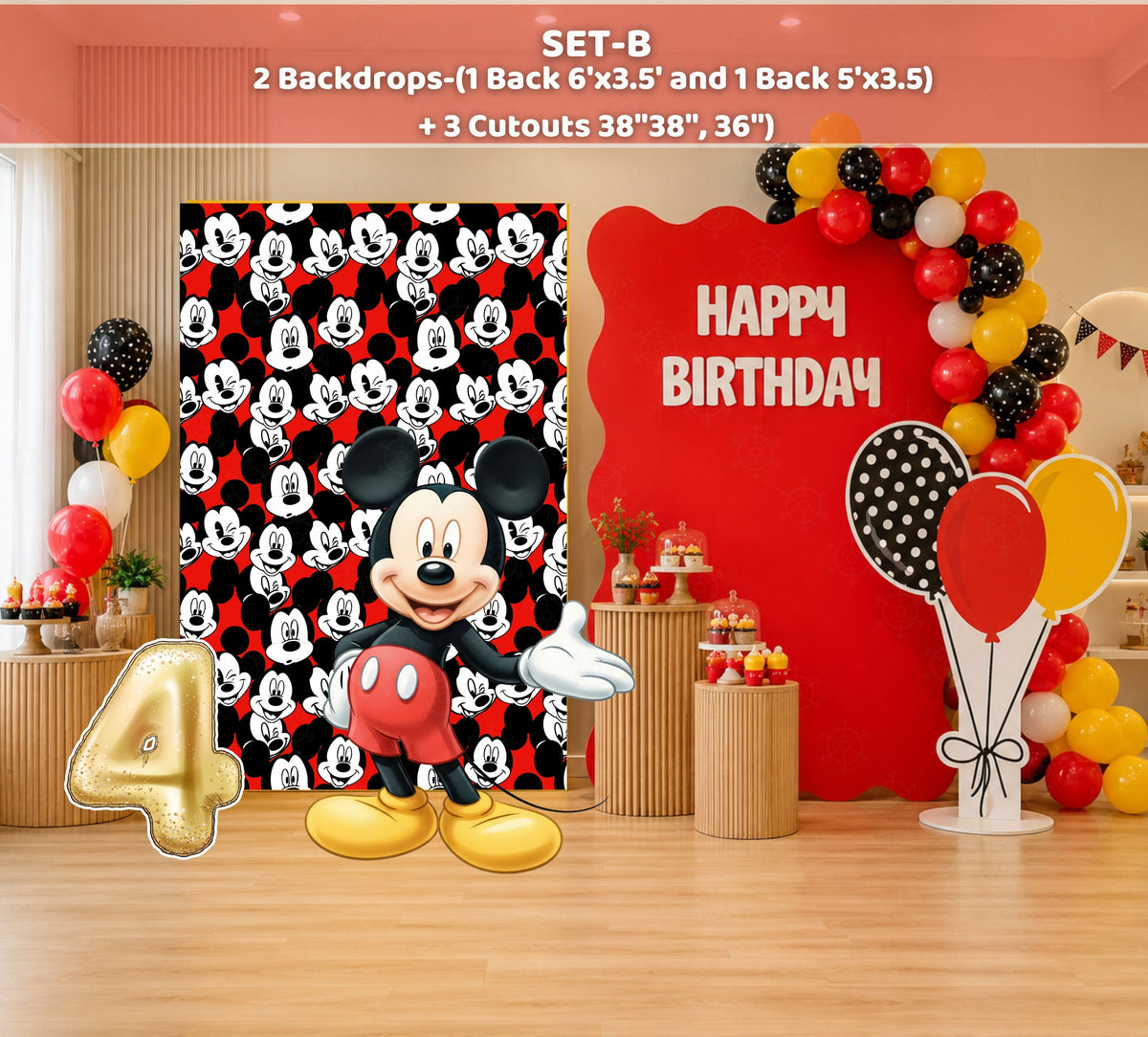Classic mouse birthday backdrop with red checkered wall, black and yellow balloon accents and themed party decor