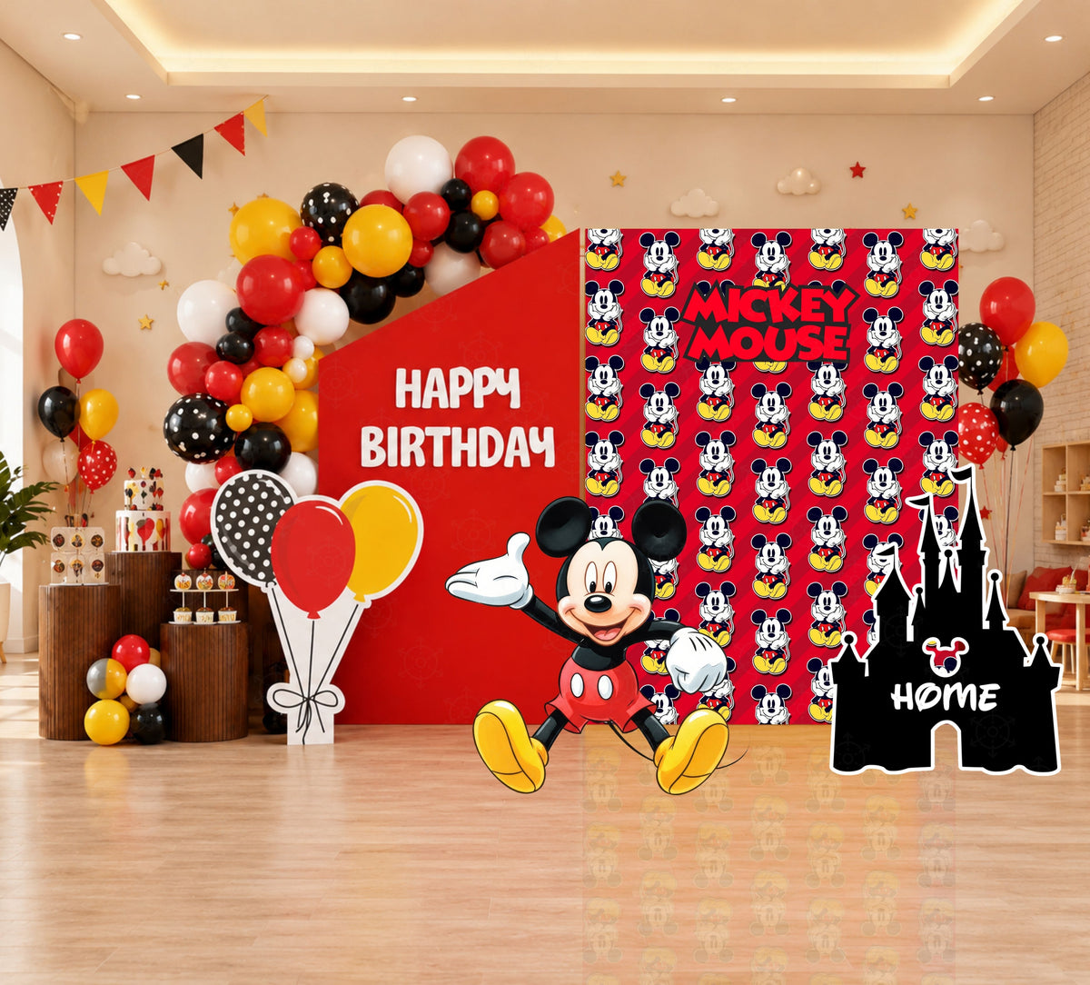 Classic mouse birthday backdrop with red checkered panel, balloon decor and themed cutouts for a bold party setup.