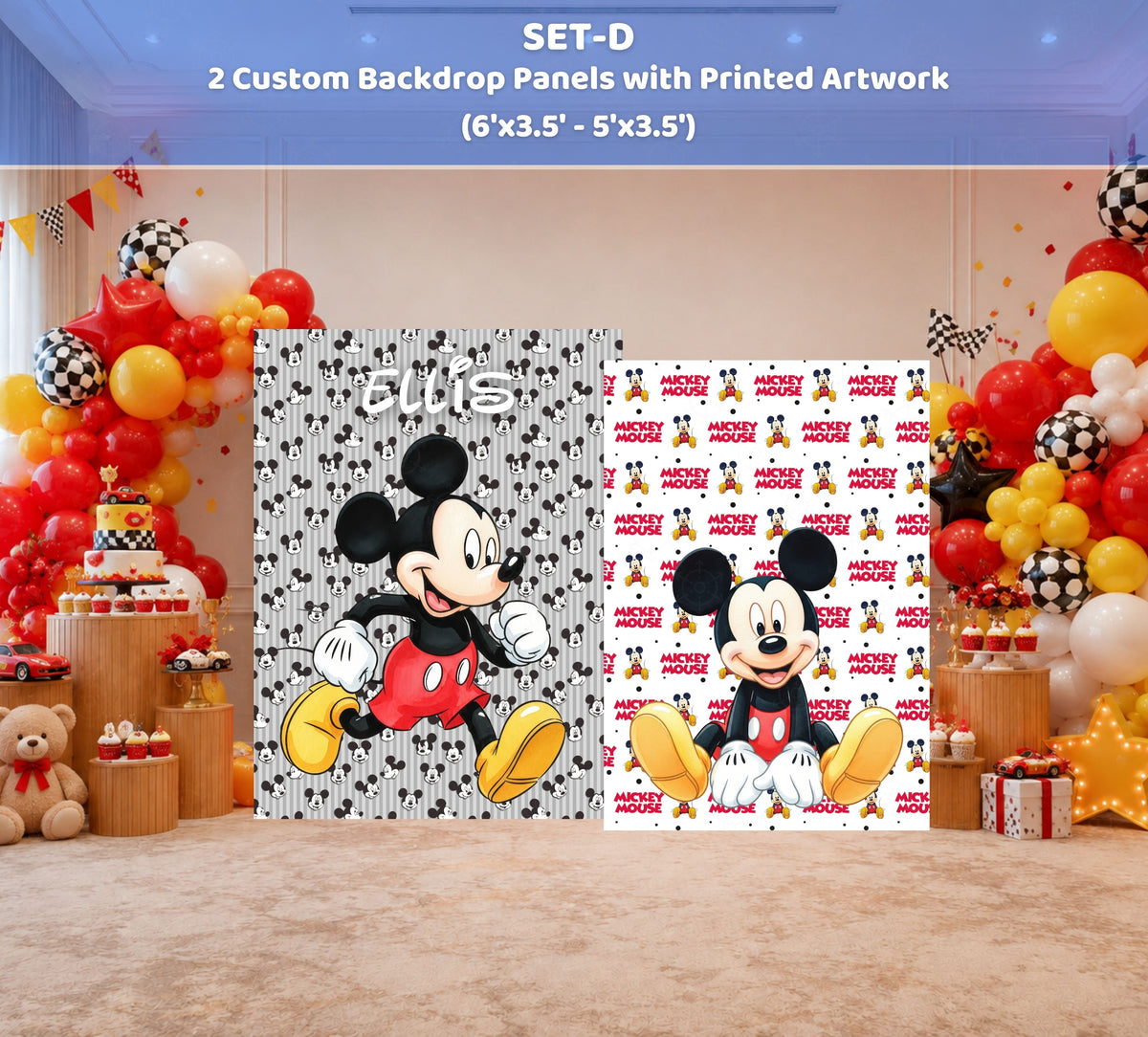 Classic mouse birthday backdrop with two custom printed panels, red yellow and black balloon garland, personalized name and matching character artwork.