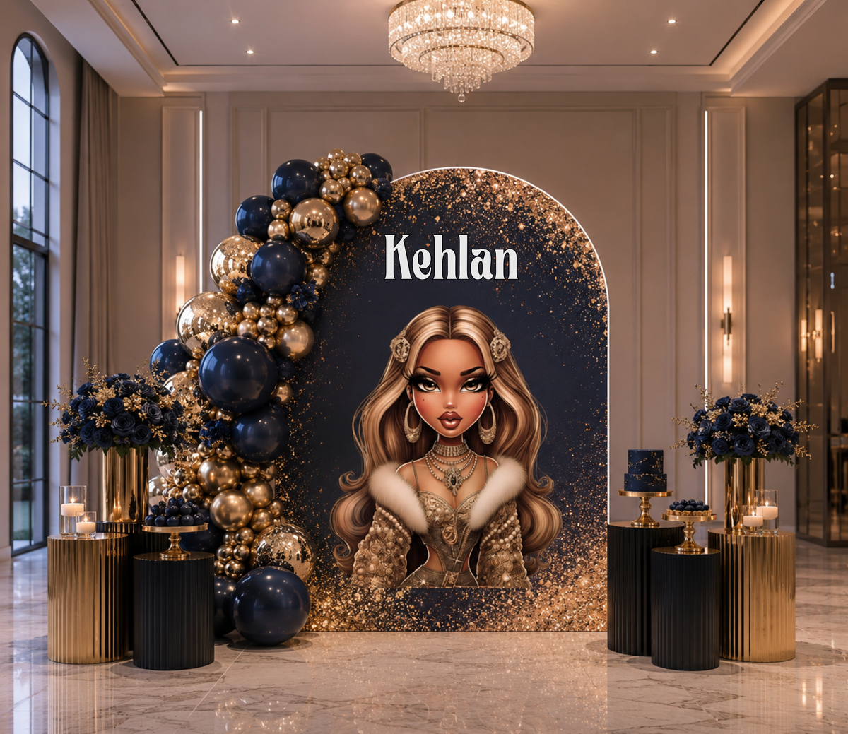Custom glam fashion doll birthday backdrop with stylish arch panels, coordinated balloons and doll-inspired party decorations.
