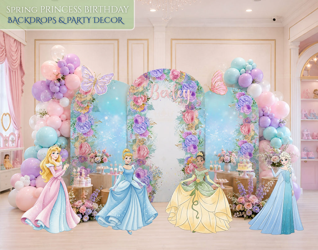 Custom princess birthday backdrop set with pastel floral panels, elegant character cutouts, soft balloons and coordinated fairy-inspired party decor