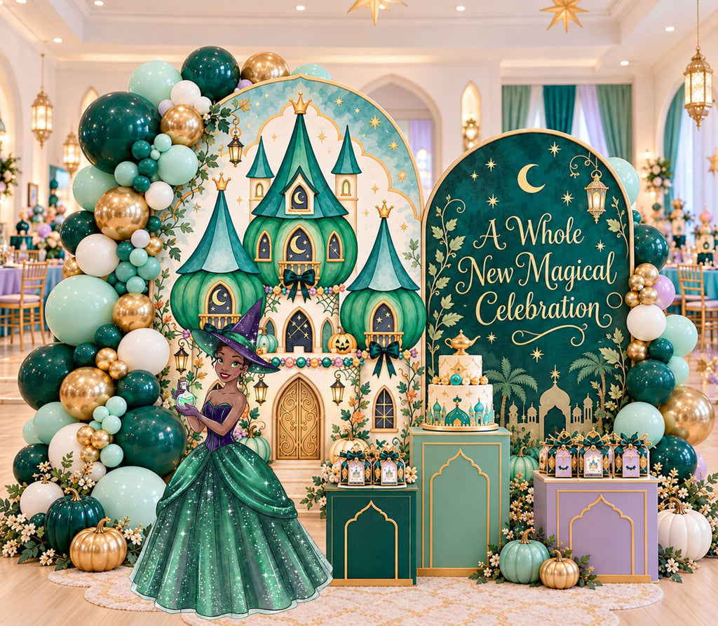 Emerald green princess birthday backdrop with castle-inspired arches, seasonal floral details, pumpkins and coordinated royal party decorations