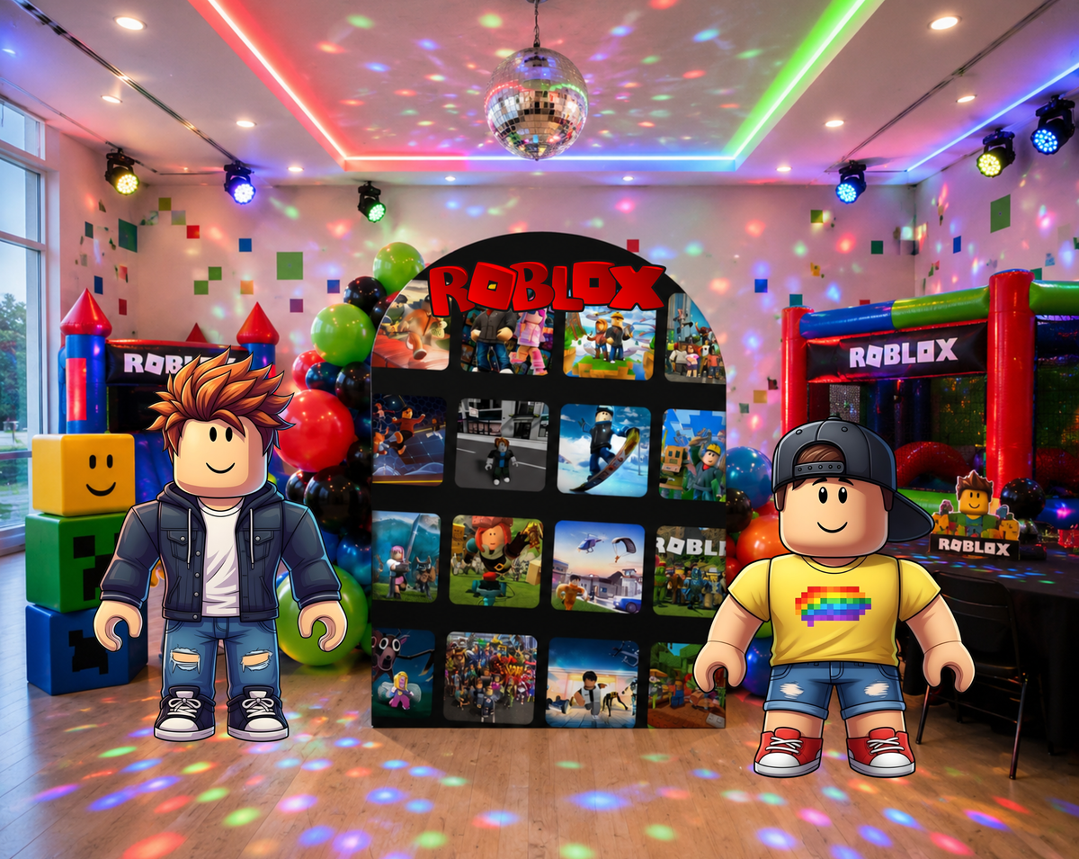 Gaming birthday backdrop with red and black personalized panels, balloons and matching character cutouts in an arcade-style party room