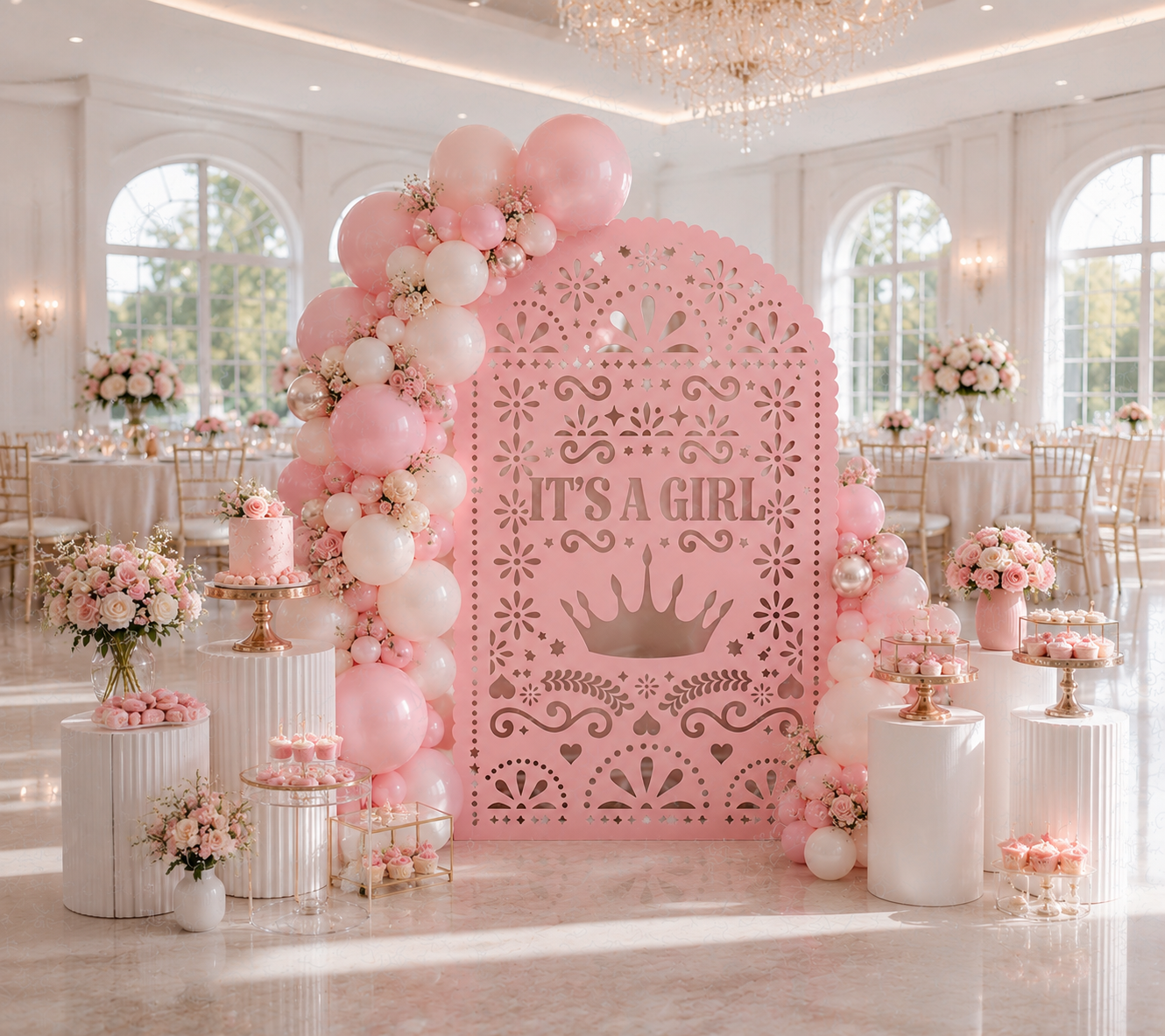 Pink It's a Girl papel picado backdrop with balloons for elegant baby shower decor