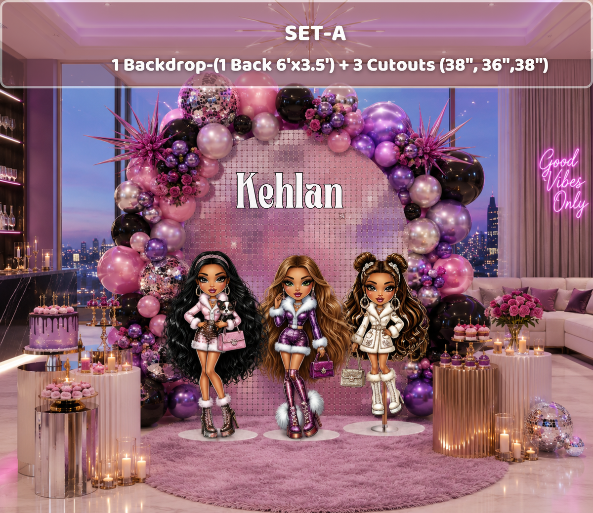 Glam doll birthday backdrop with pink and purple tones, balloon accents and fashionable doll-themed party styling.