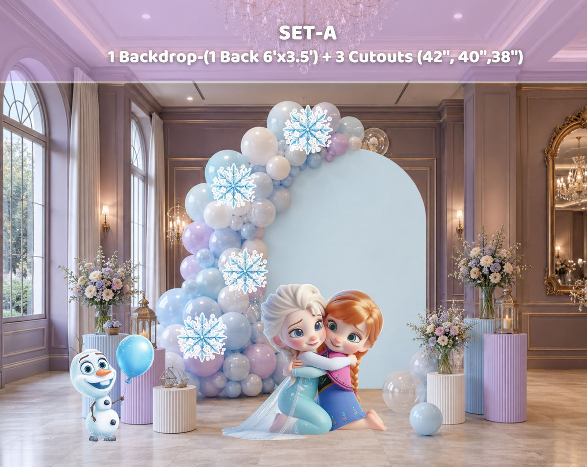 Ice castle inspired princess birthday backdrop with blue arched panels, snowy details and themed character cutouts for a winter party.