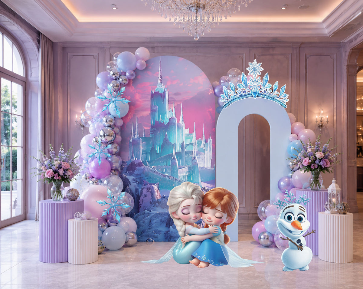 Icy blue princess birthday backdrop set with winter-inspired panels, snowy accents and coordinated character decorations.