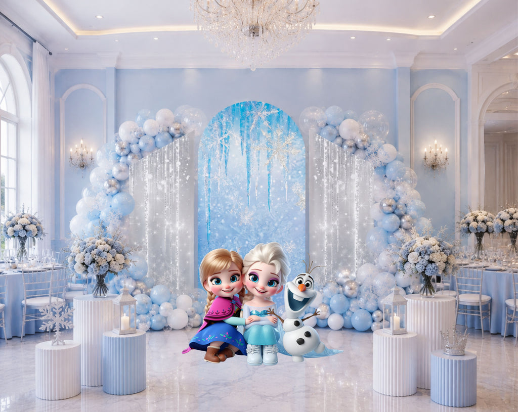 Icy princess birthday backdrop set with light blue winter scenery, snow-inspired details and matching character party cutouts.