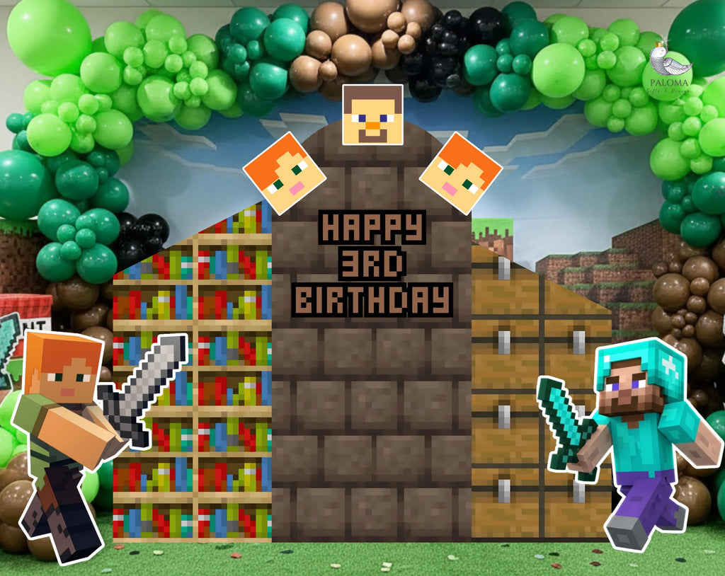 Pixel Game Birthday Backdrop & Cutouts | Personalized Block Game Party Decorations