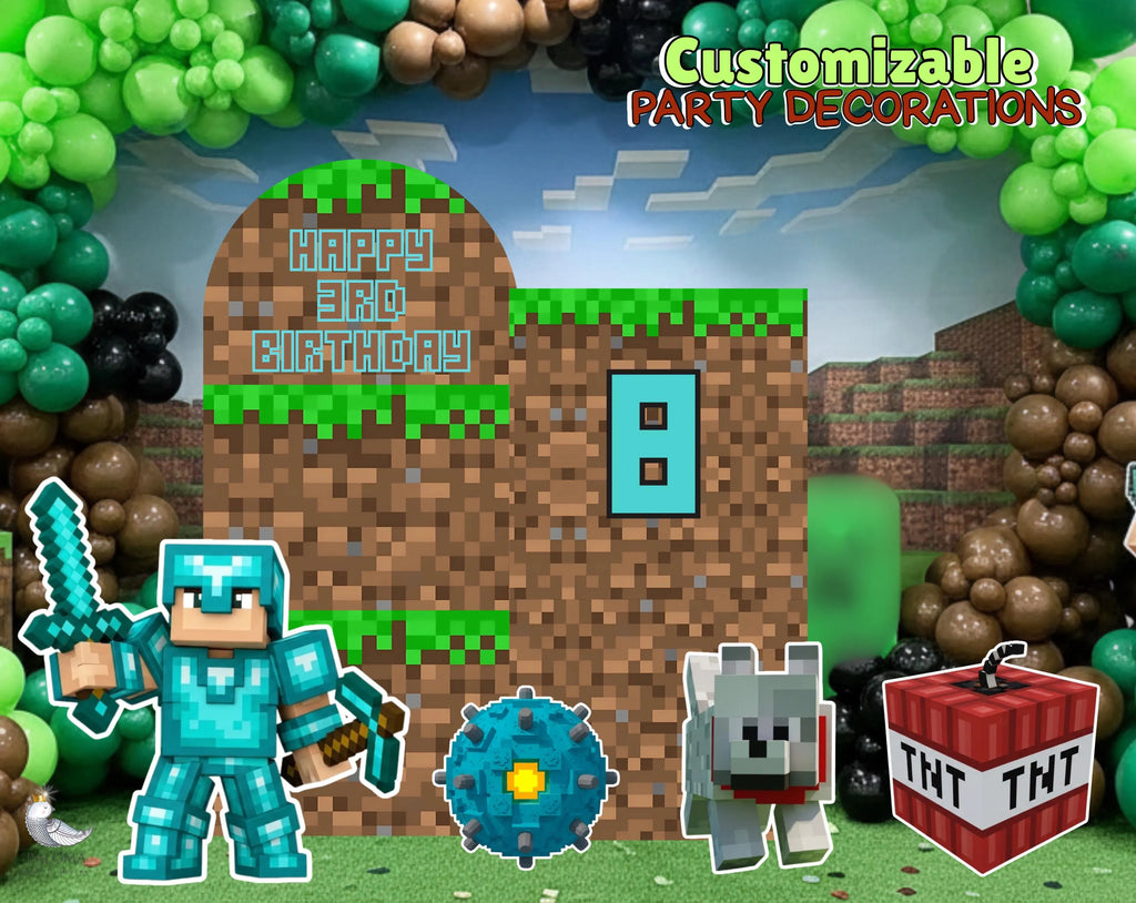 Pixel Game Birthday Backdrop & Cutouts | Personalized Block Game Party Decorations