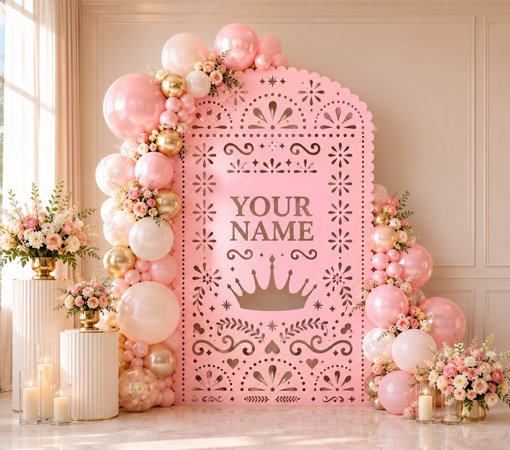 Bright pink It's a Girl backdrop with soft balloon garland for personalized baby shower