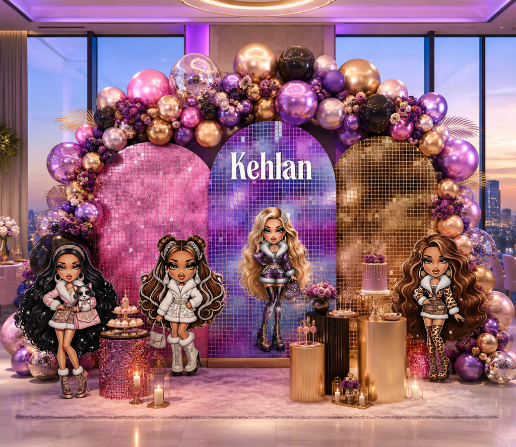 Luxury fashion doll birthday backdrop with gold and black details, balloon decor and modern glam party styling.