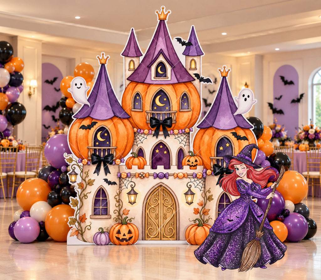 Midnight princess birthday backdrop with dark castle scenery, warm seasonal details and coordinated royal character decor for an elegant celebration.