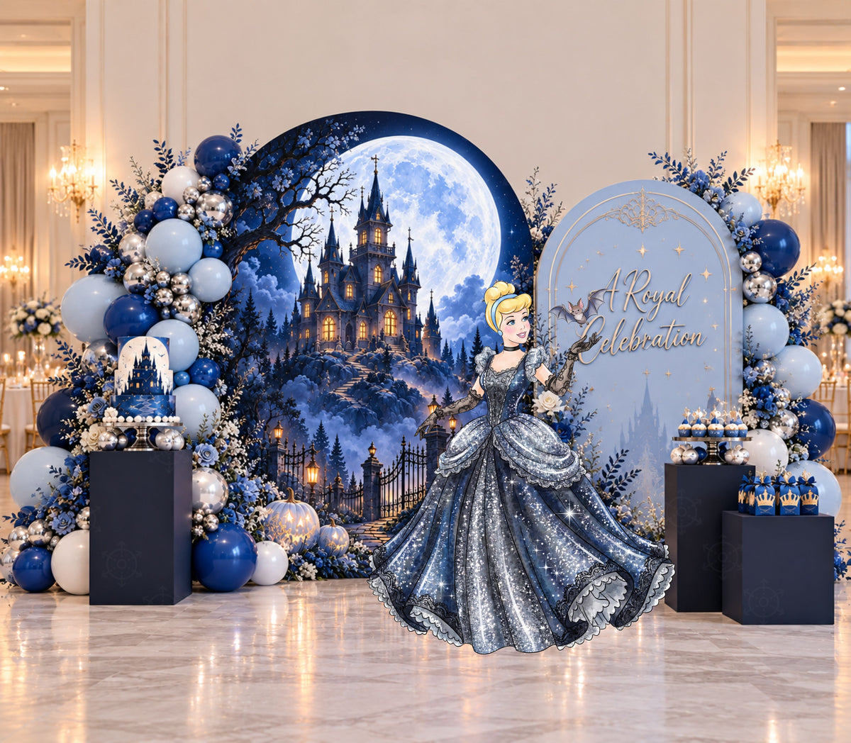 Navy princess birthday backdrop with dramatic castle-inspired scenery, coordinated royal character decor and elegant seasonal party accents.