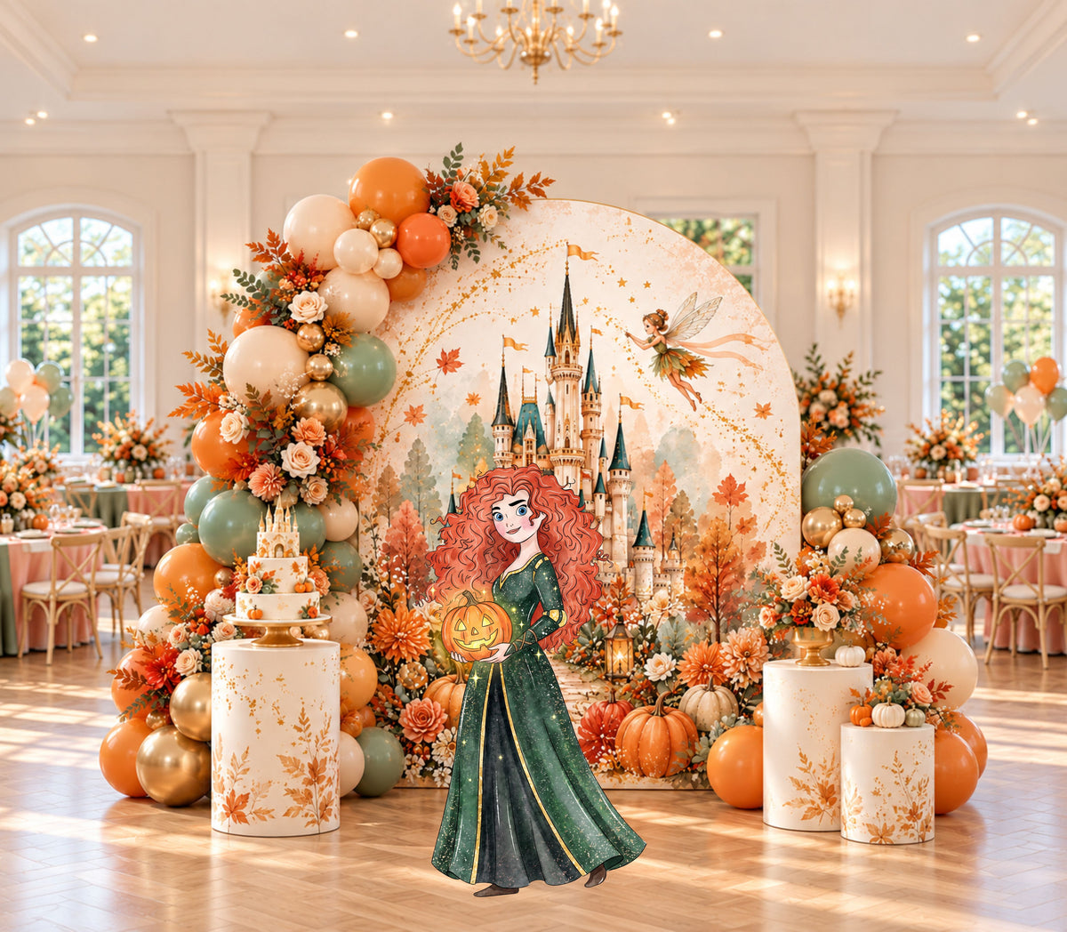 Neutral princess autumn birthday backdrop with cream castle panels, warm pumpkin accents, seasonal florals and elegant royal party decor.