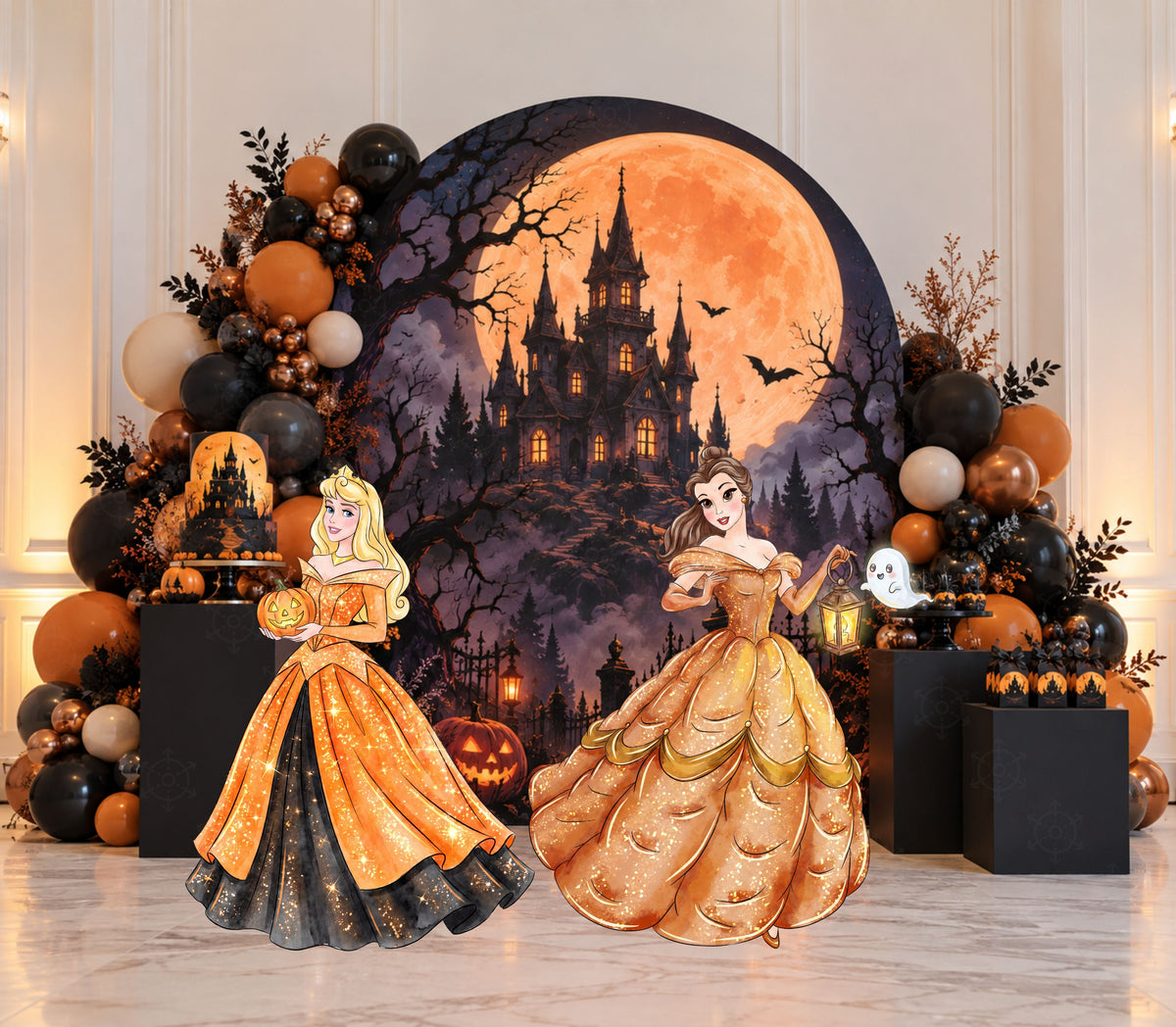 Orange and black princess autumn birthday backdrop with castle silhouette, pumpkin-inspired details and coordinated royal character party decor