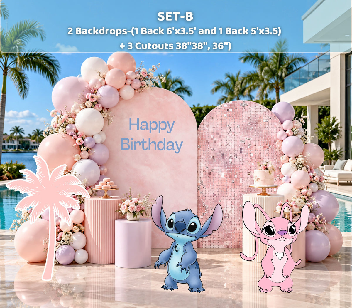Outdoor pink alien birthday backdrop with pastel arched panels, soft balloon accents and matching character decor in a tropical party setting.