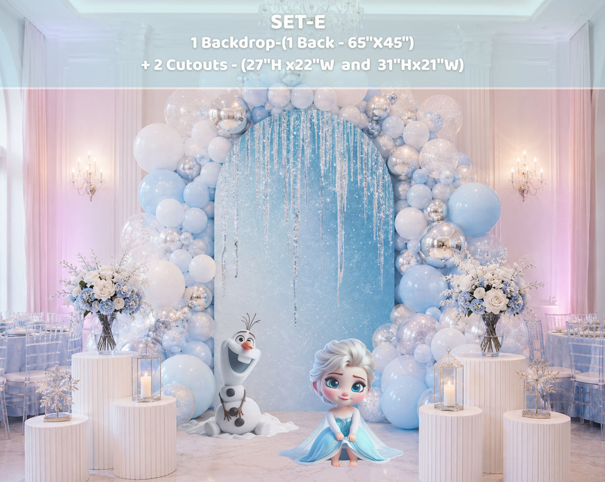Pastel snow princess party backdrop set with soft blue panels, winter-inspired scenery, character cutouts and birthday decorations.