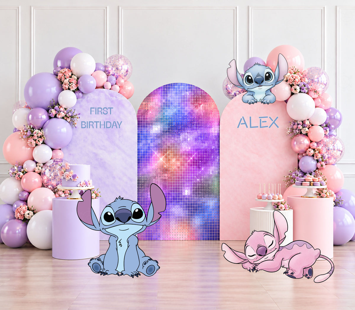 Pink and blue alien birthday backdrop with pastel arched panels, soft balloon decor and matching character cutouts for a colorful celebration.