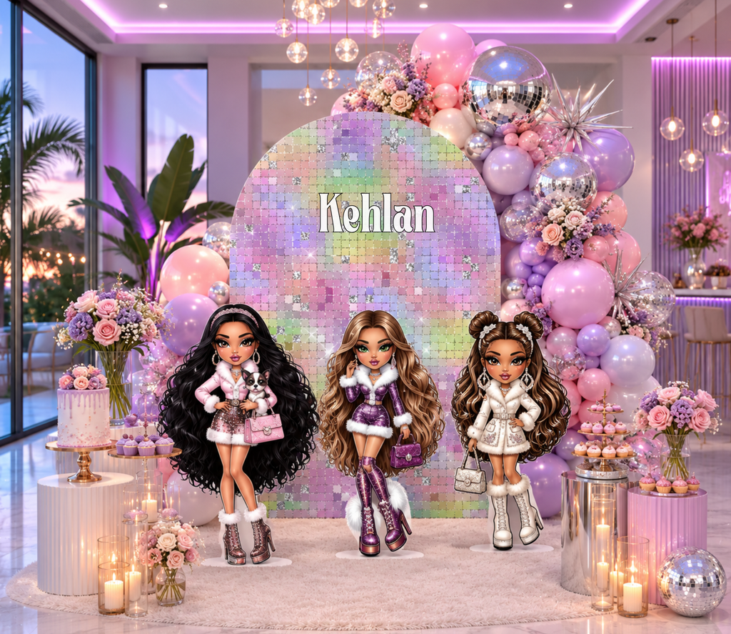 Pink fashion doll birthday backdrop with pastel balloon garland, doll-inspired cutouts and trendy girly party decorations.