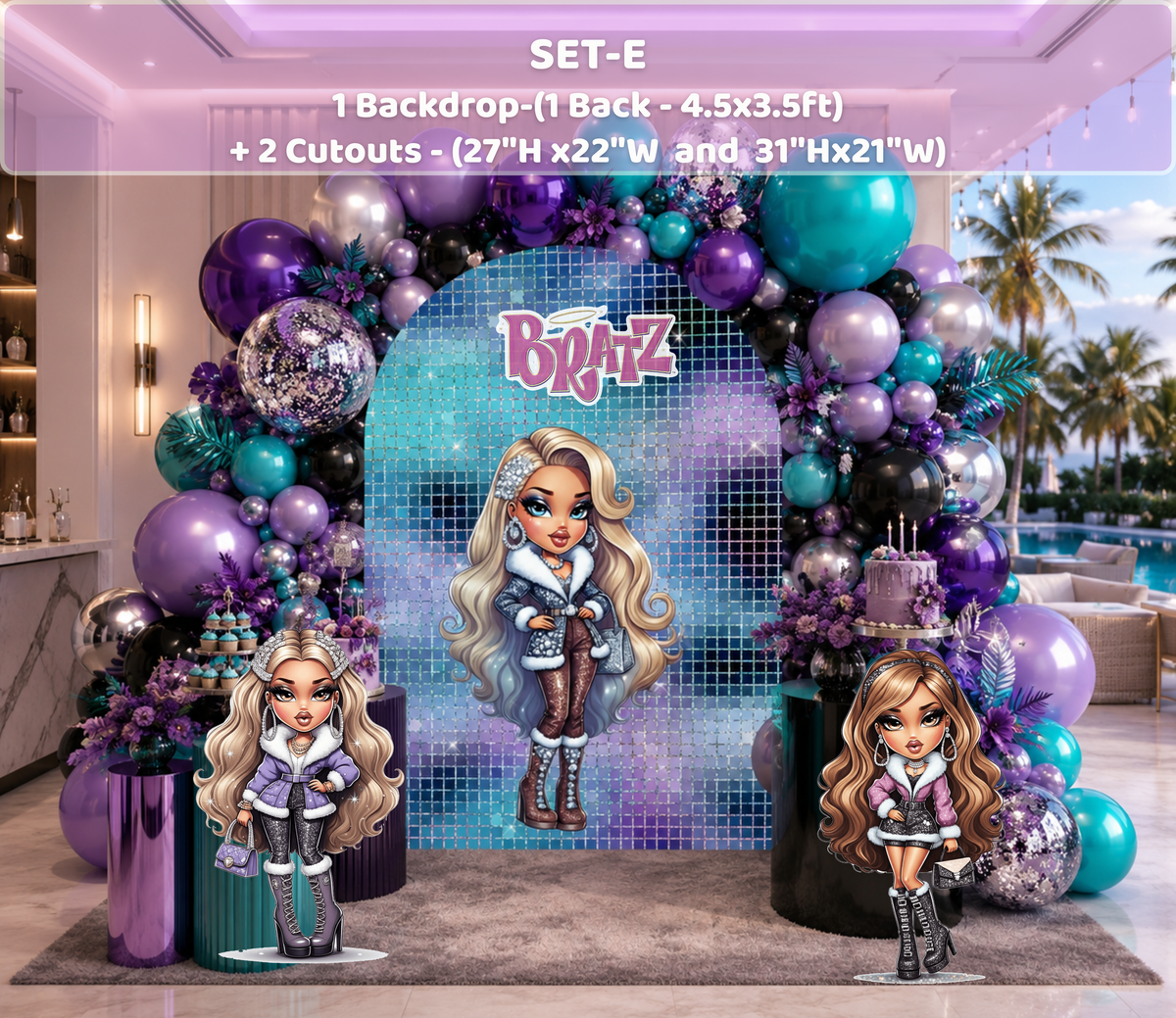 Pink glam doll birthday backdrop with group-style themed decor, balloons and fashionable party display elements.