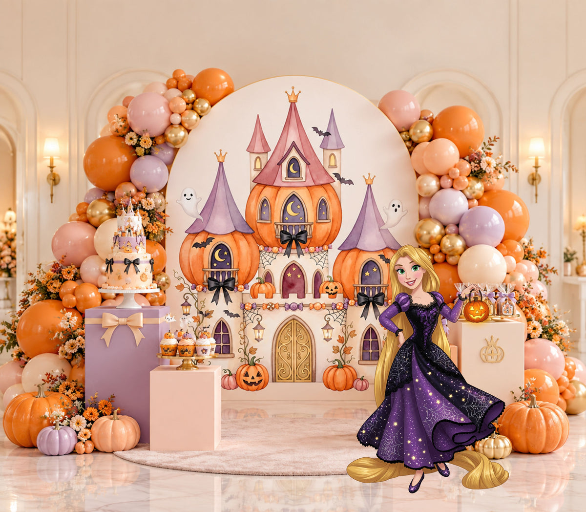 Princess autumn birthday backdrop with peach and gold castle panels, warm floral accents, pumpkins and elegant character-inspired party decor.