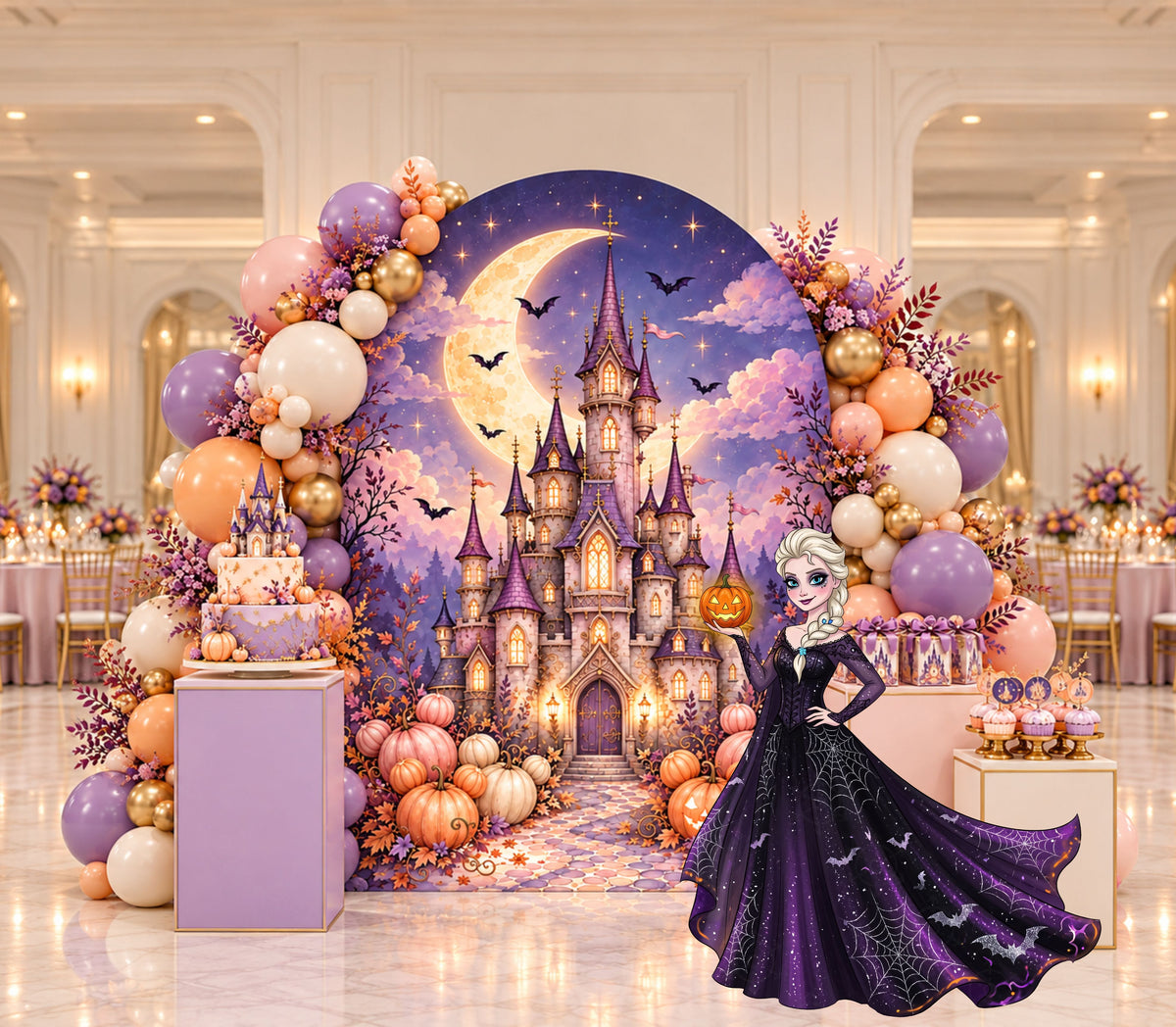Purple princess birthday backdrop with castle arches, warm floral arrangements, pumpkin details and coordinated character-inspired party decorations.