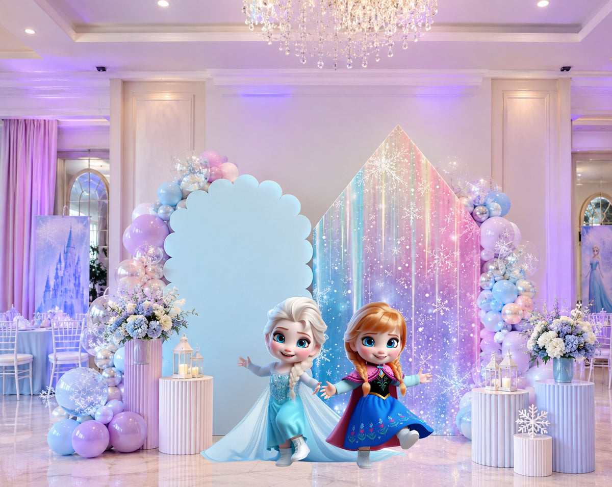 Snow princess birthday backdrop in soft purple and blue tones with winter-themed panels, character cutouts and elegant party styling.