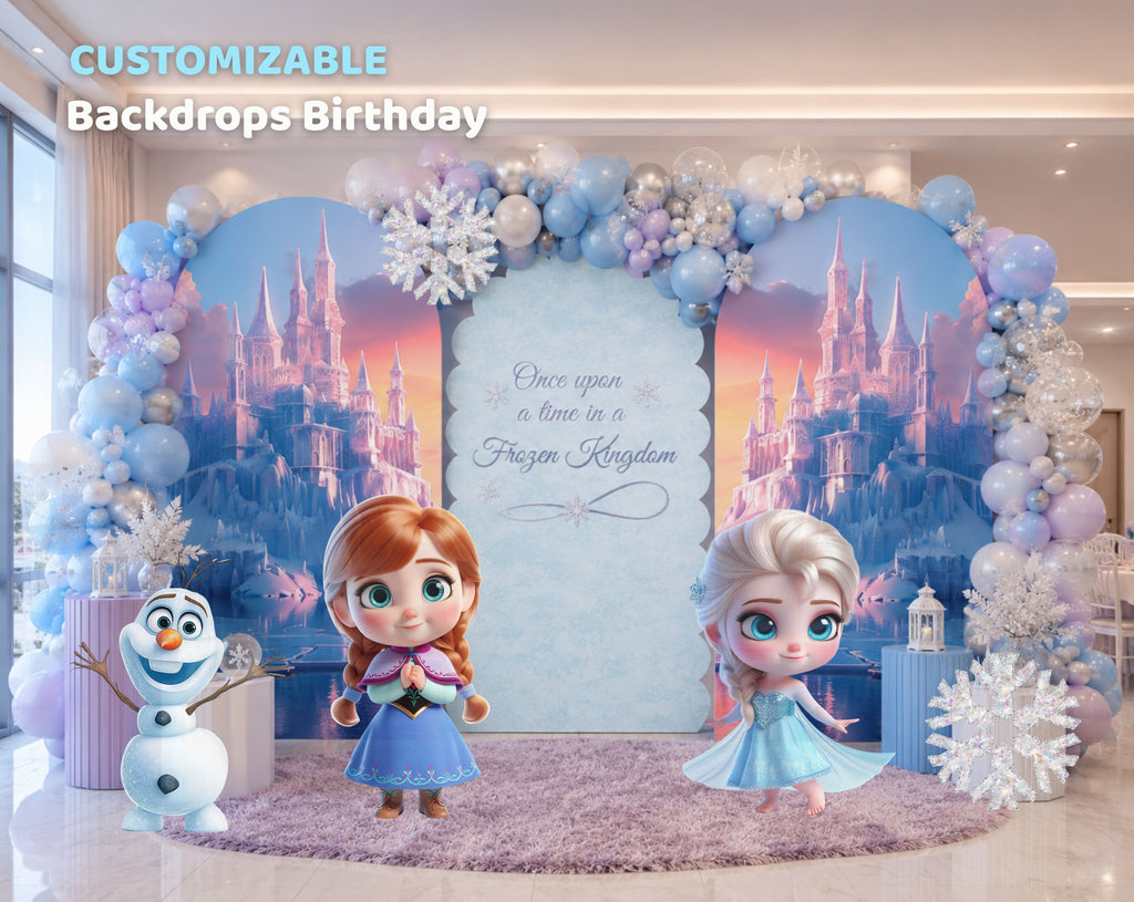 Custom snow princess birthday backdrop set with blue and pink arched panels, winter details, character cutouts and elegant party decor.