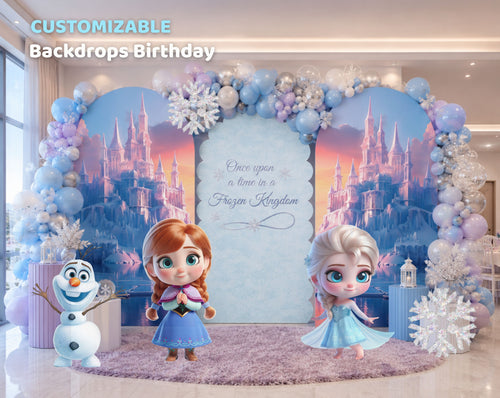 Custom snow princess birthday backdrop set with blue and pink arched panels, winter details, character cutouts and elegant party decor.