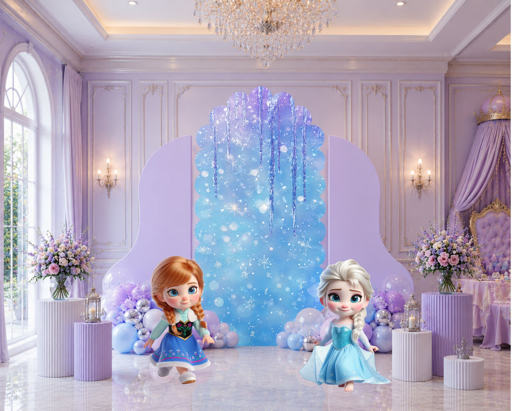 Custom snow princess birthday backdrop with pastel winter colors, arched panels, character cutouts and coordinated celebration decor.
