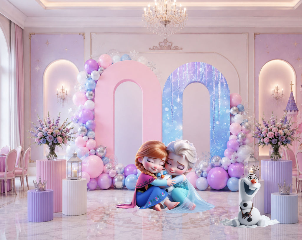 Pastel blue snow princess birthday backdrop with winter-inspired panels, character cutouts, balloons and coordinated party decorations.