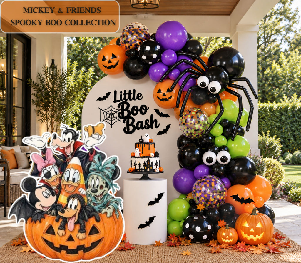 Spooky character birthday backdrop with orange purple black and green balloons, pumpkin accents, character cutouts and personalized party decor.