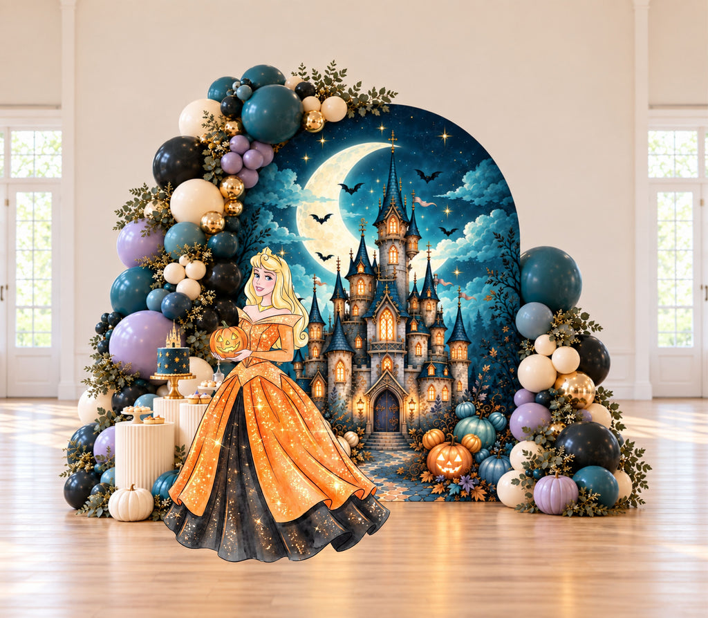 Teal princess birthday backdrop with dramatic castle-inspired panels, autumn accents and matching character decor for a whimsical royal celebration.