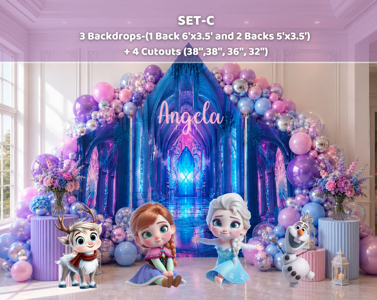 Winter princess birthday backdrop set with snowy scenery, light blue decorative panels and matching character party cutouts.