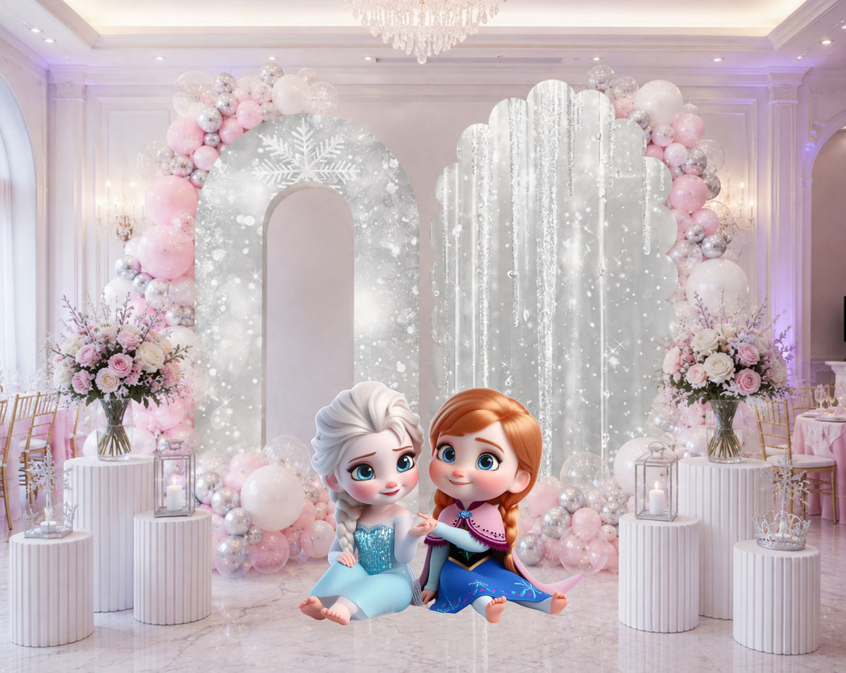 White and icy blue winter princess birthday backdrop with snow details, arched panels and coordinated character decorations.